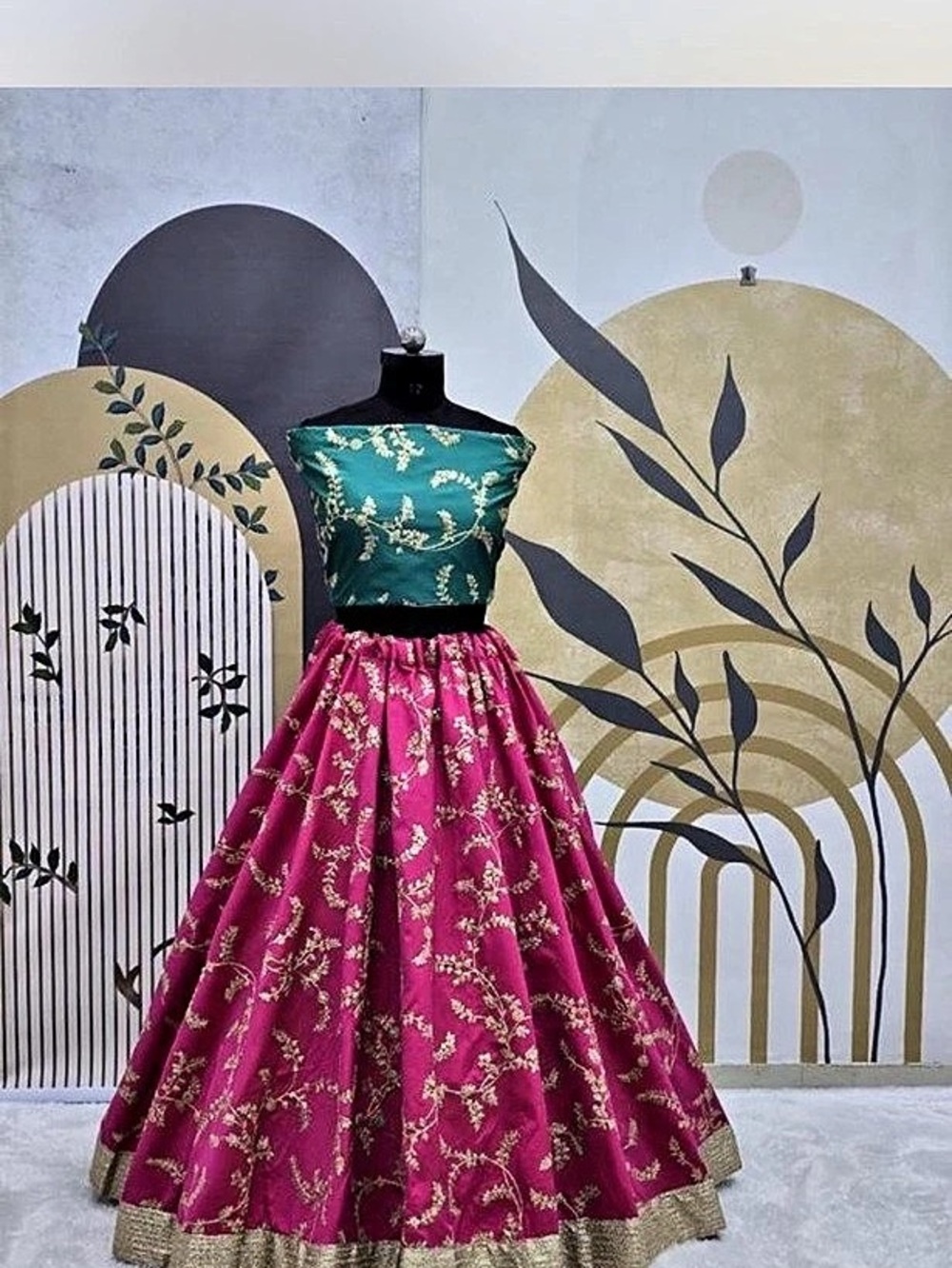 Floral Silk Lehenga Set in Pink & Green Like New